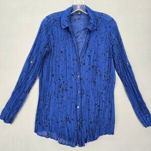 Rock Republic Women Shirt Size M Blue Spotted Button Up Long Roll Tab Sleeve Top